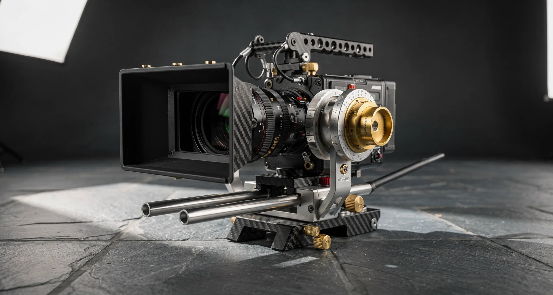 Cinematic film camera set up on set with anamorphic lighting