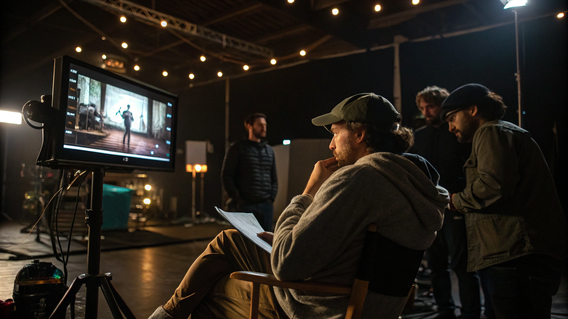 Film director reviewing footage on studio monitor during commercial shoot
