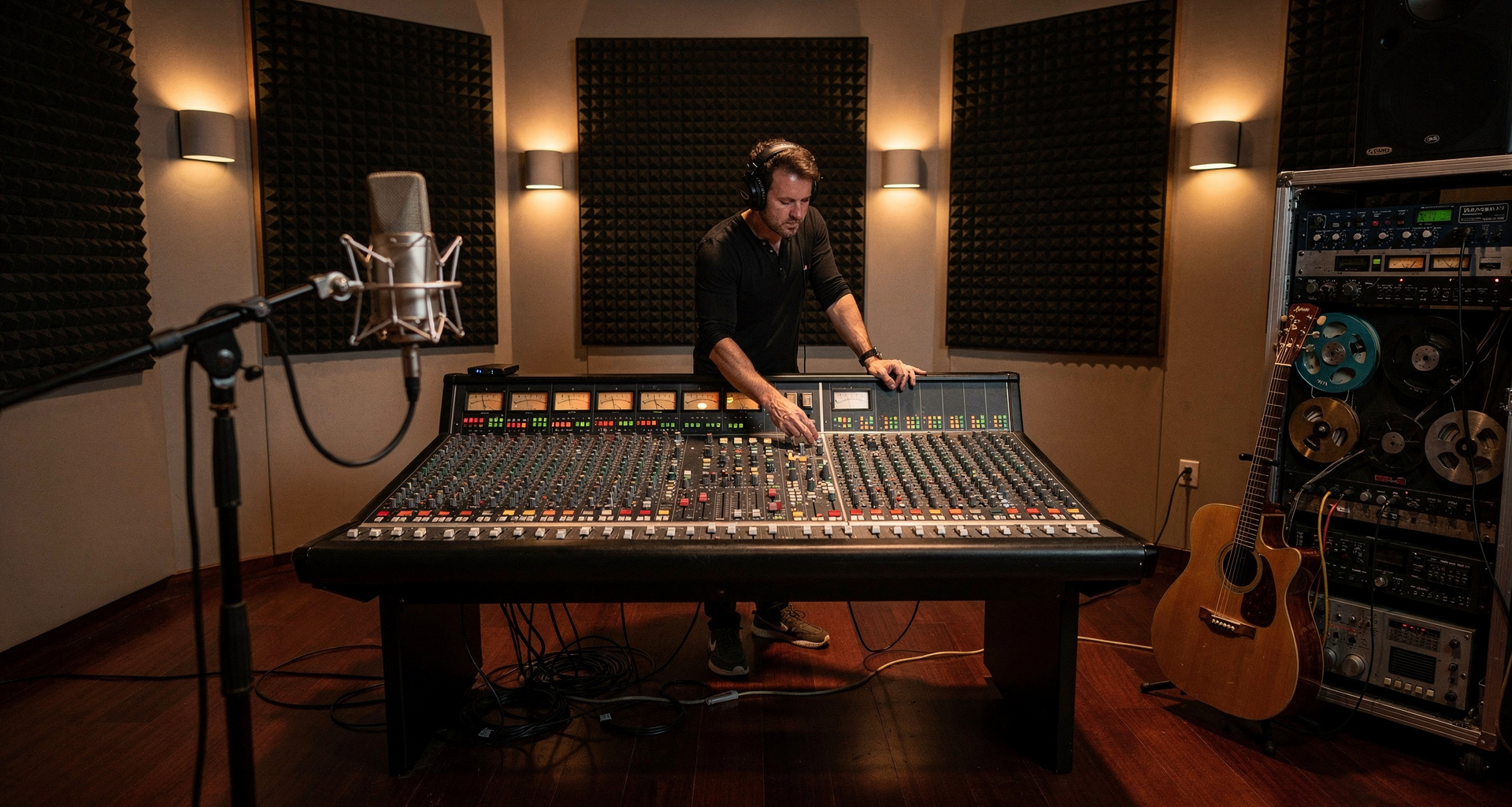 Soundstage recording setup with professional microphones and studio lighting